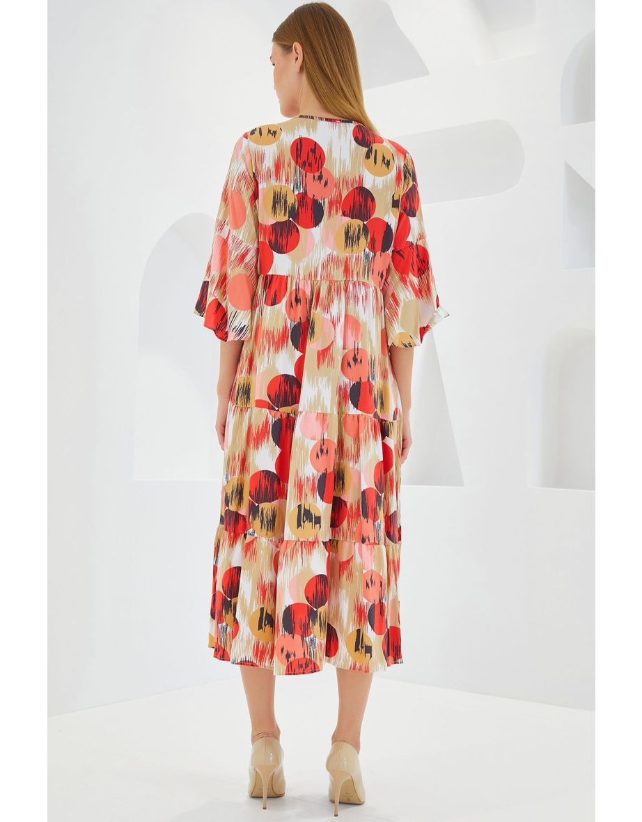 Women's Brick Ecru Patterned Short Sleeve Viscose Dress - 4