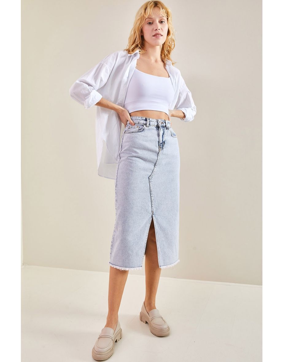 Women's Laser Cut Slit Denim Skirt