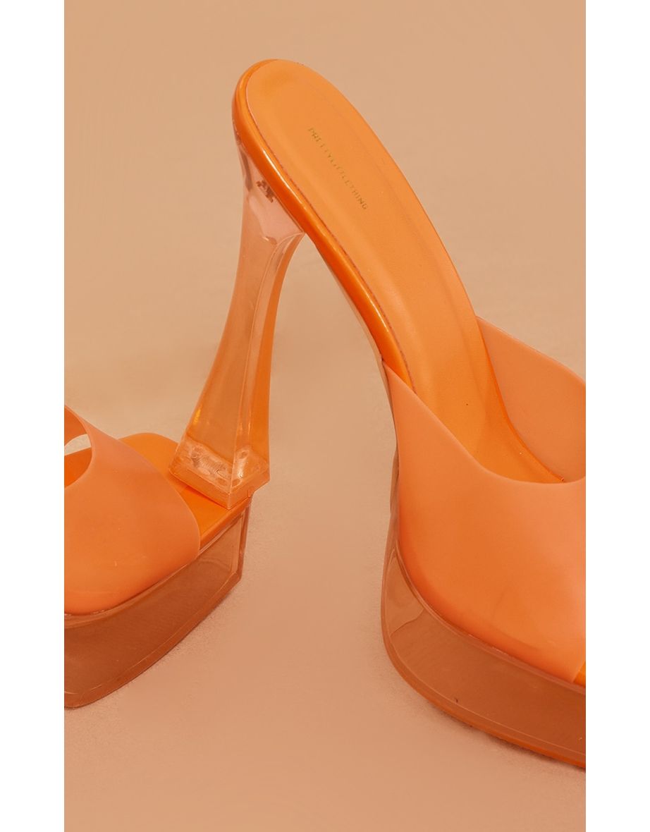 Orange Patent Square Toe Clear Strap Platform Heeled Mules - 3