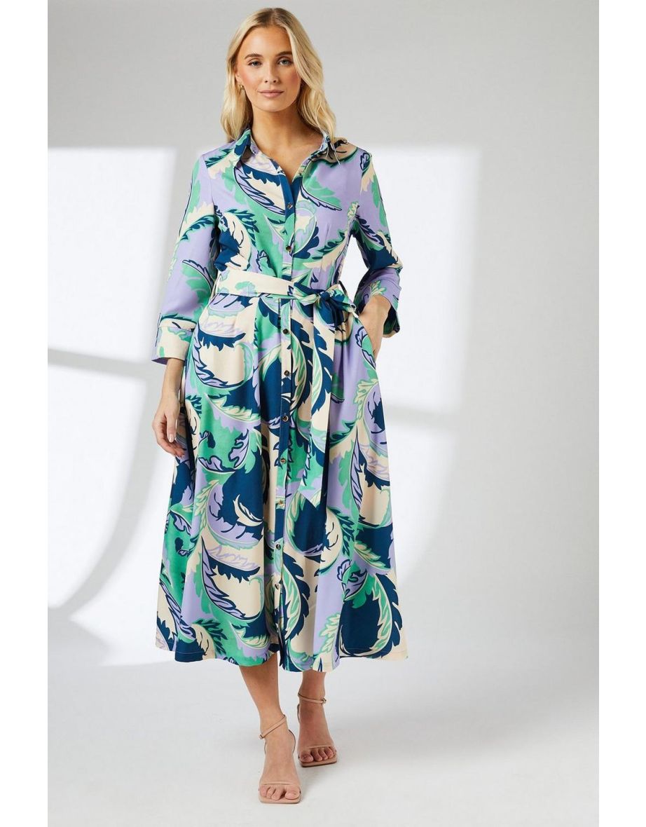 Green Leaf Print Belted Shirt Dress