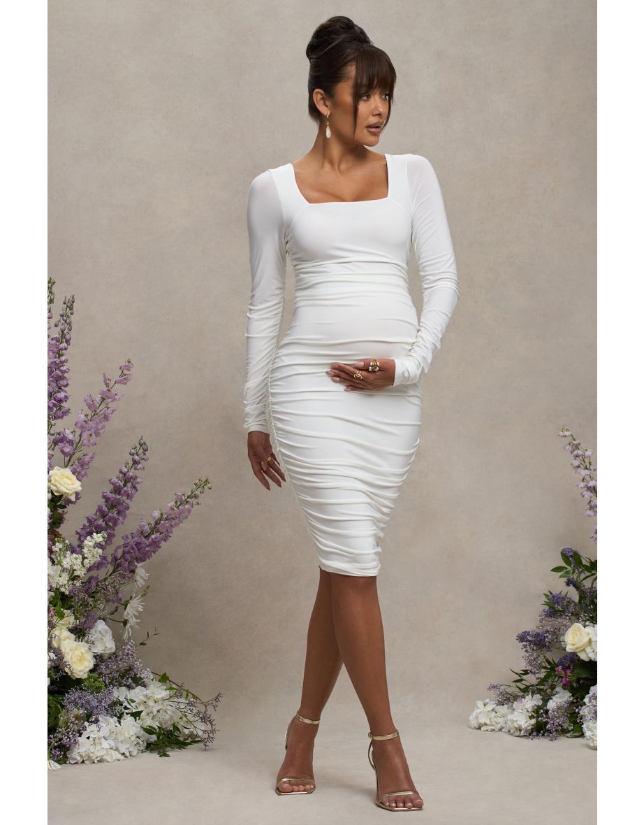New Life | White Maternity Square Neck Ruched Midi Dress
