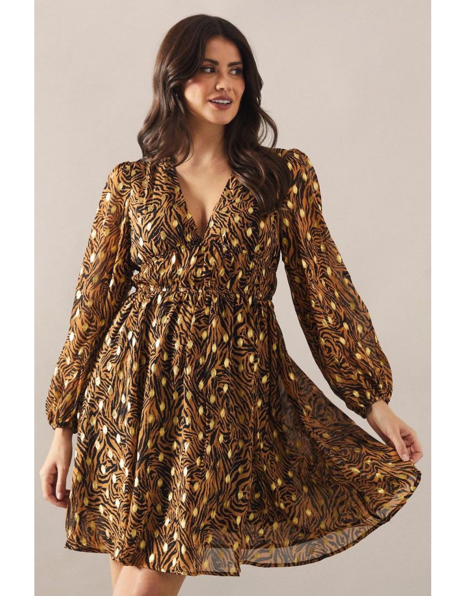Printed Blouson Sleeve Metallic Mini Dress