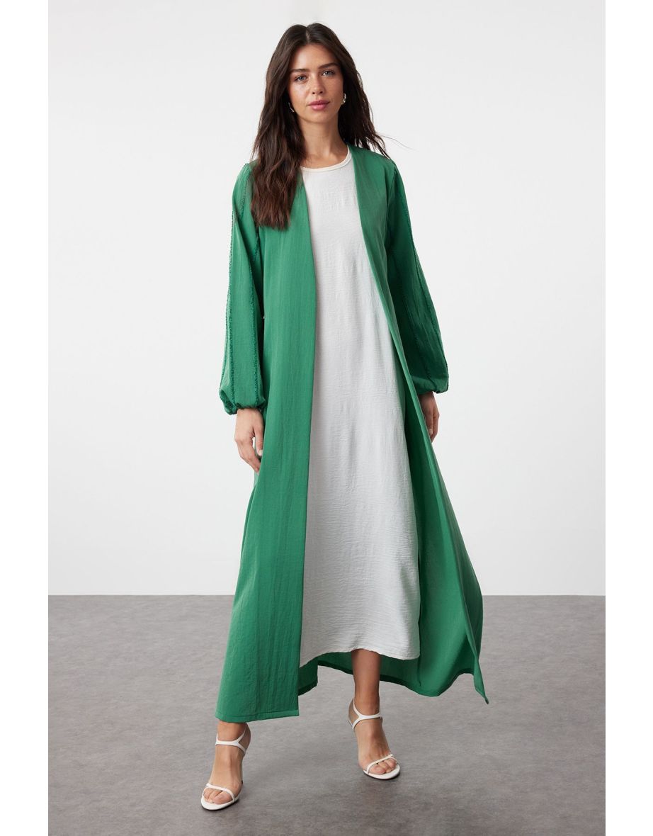 Emerald Green Glitter Detailed Woven Cap & Abaya & Abaya