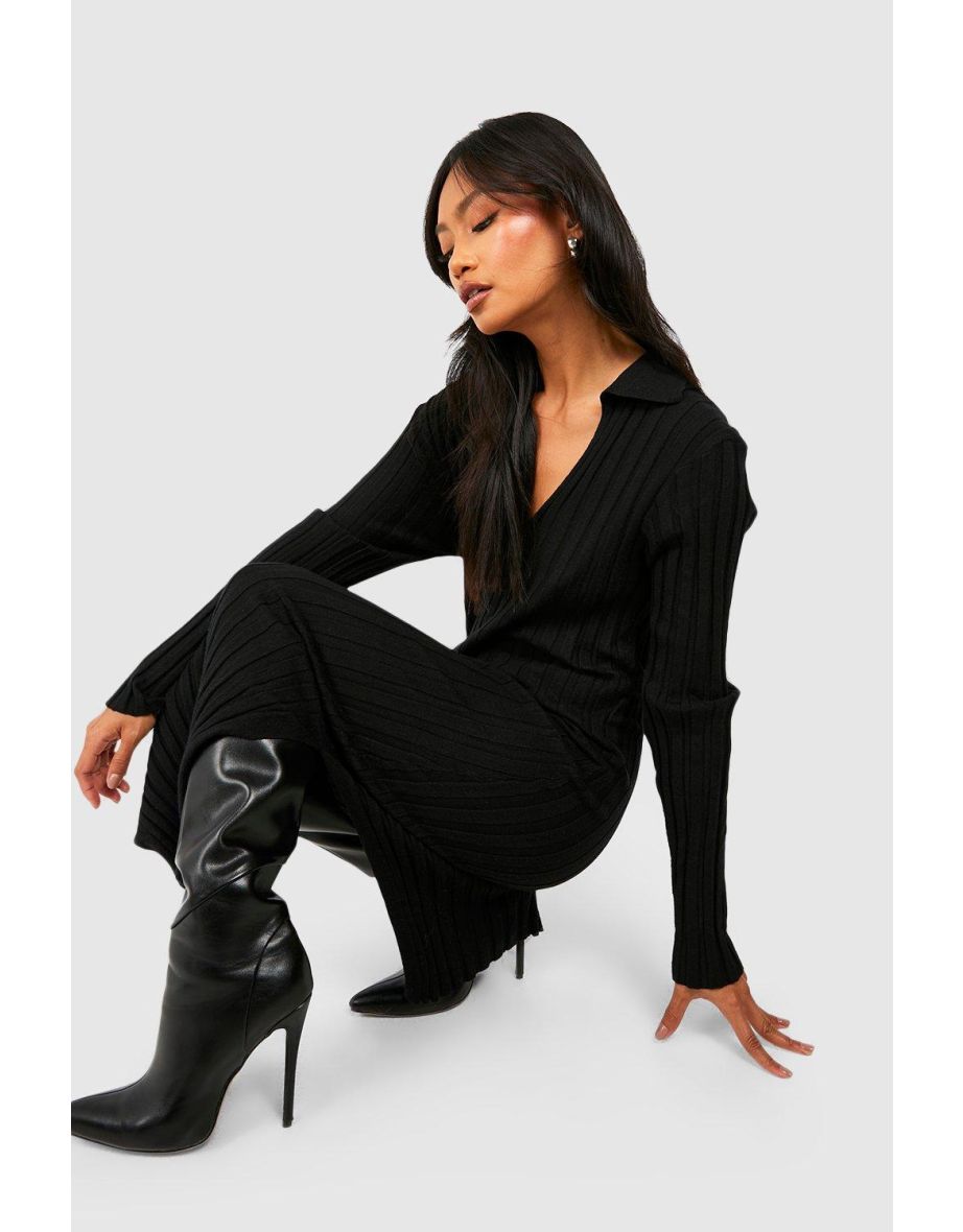 Rib Knit Collar Detail Midaxi Dress - black - 3