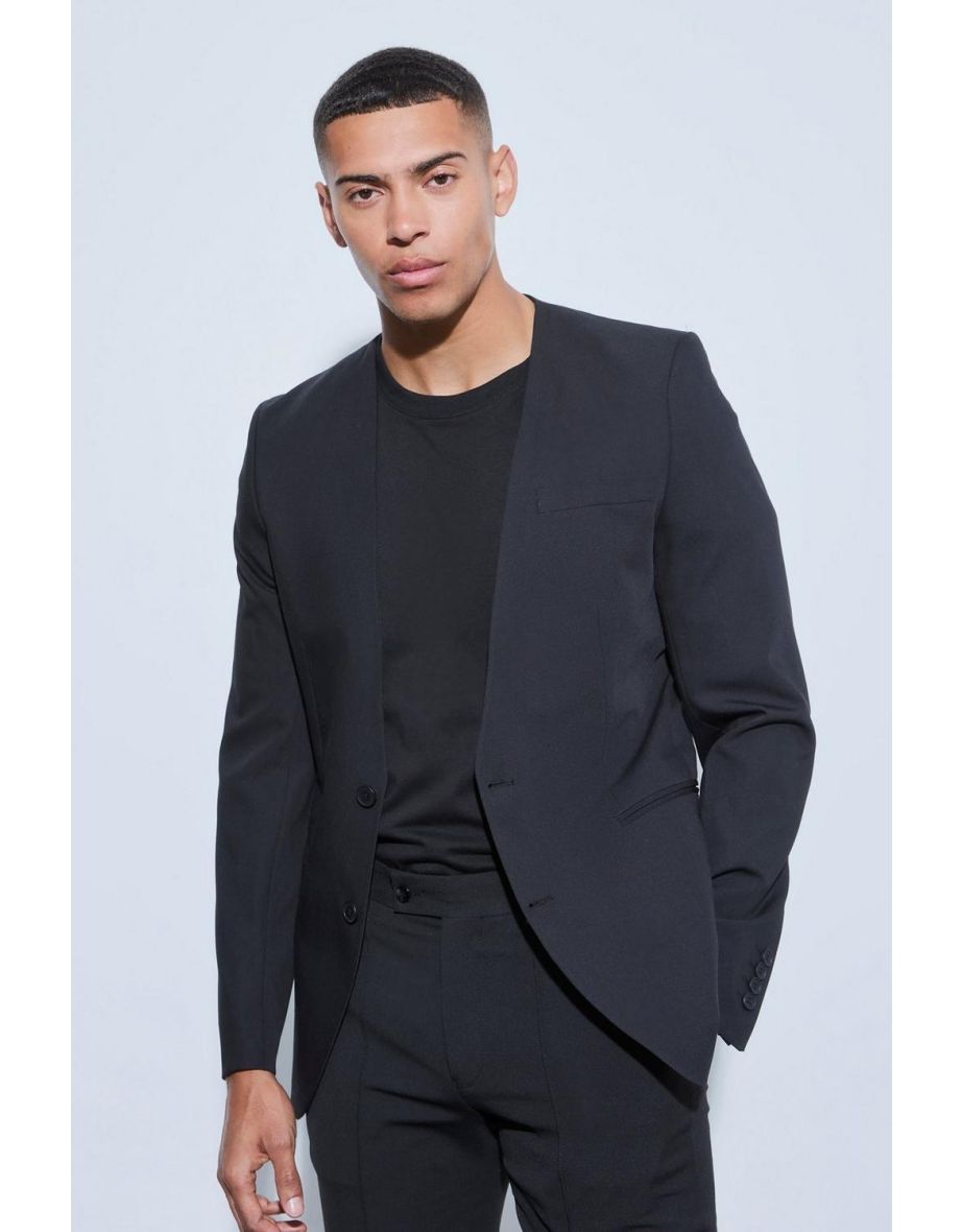 Skinny Fit Collarless Single Breasted Blazer - black