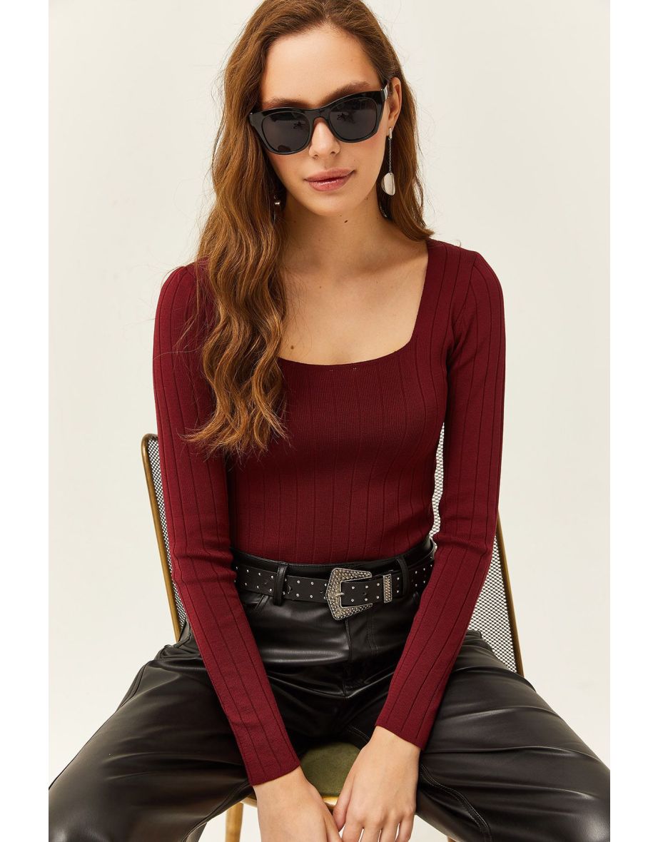 Women's Claret Red Square Collar Thick Ribbed Knitwear Blouse