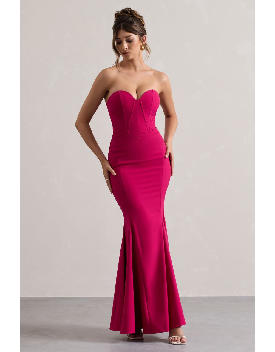 Idyllic | Hot Pink Strapless Corset Style Fishtail Maxi Dress - 4