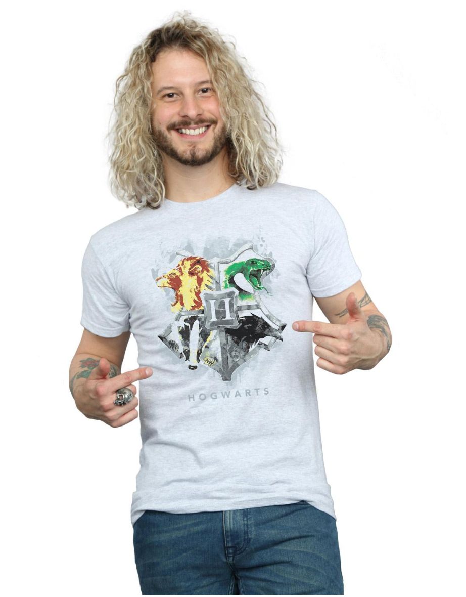 Harry Potter Mens Hogwarts Painted Crest T-Shirt - Sports Grey