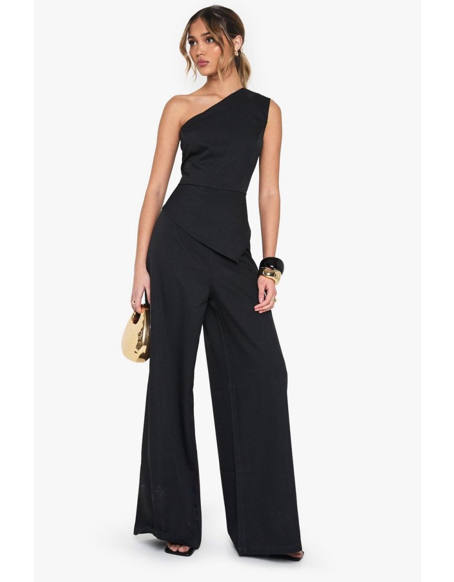 Tailored One Shoulder Wide Leg Jumpsuit - black