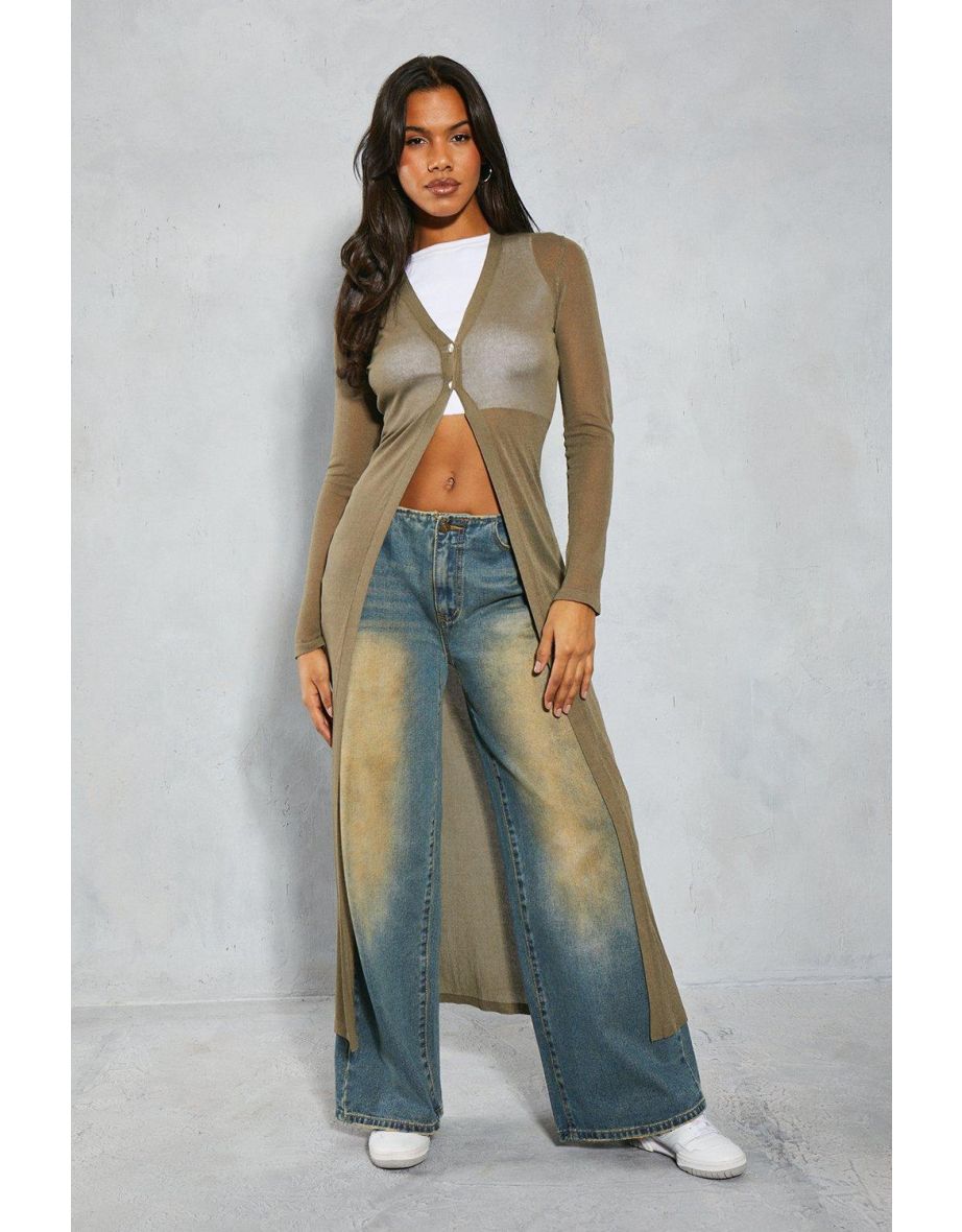 Sheer Knit Button Detail Maxi Cardigan