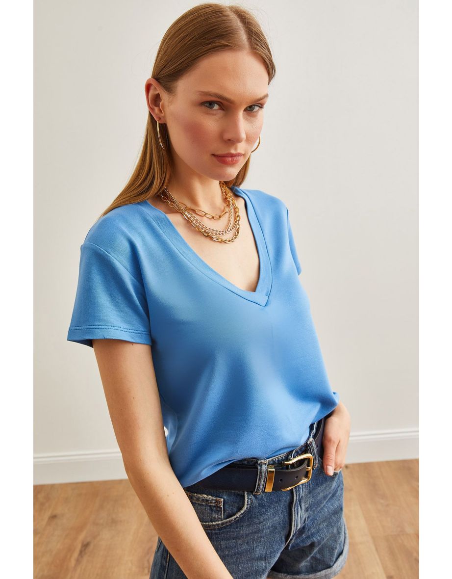 Women's Indigo Deep V-Neck Modal Button T-Shirt