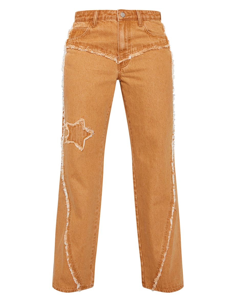 Washed Brown Raw Hem Detail Star Applique Wide Leg Jeans - 4