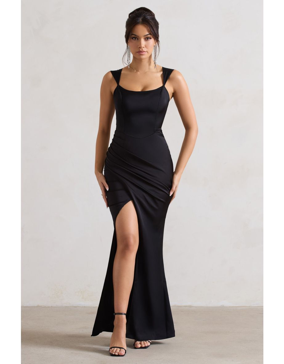 A Romantic | Black Satin Corset Wrap Maxi Dress