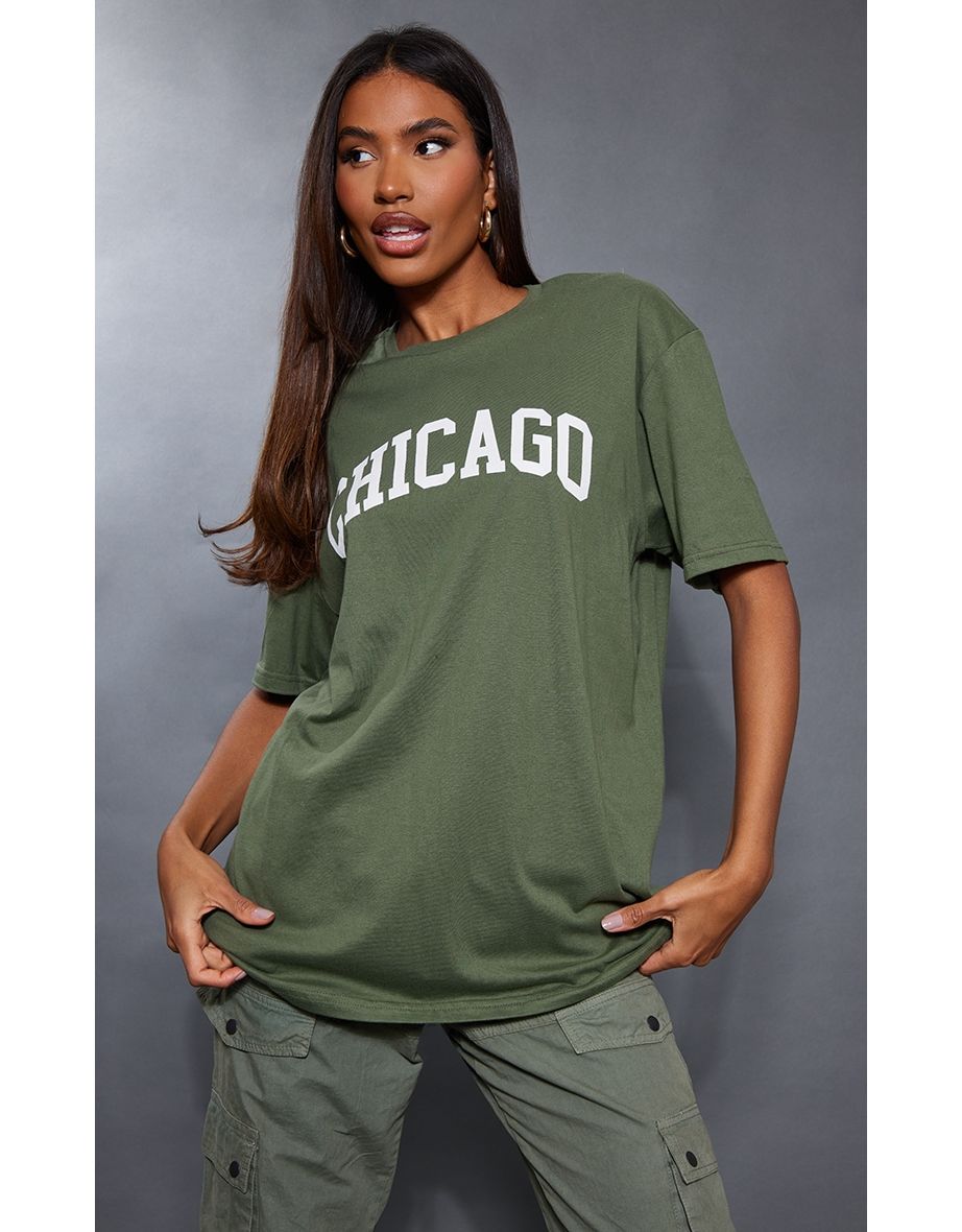 Khaki Chicago Slogan Oversized T Shirt, Tops