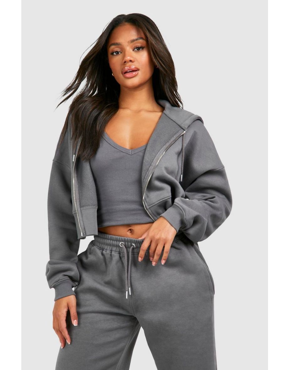 Ribbed V Neck Top 3 Piece Hooded Tracksuit - charcoal - 3