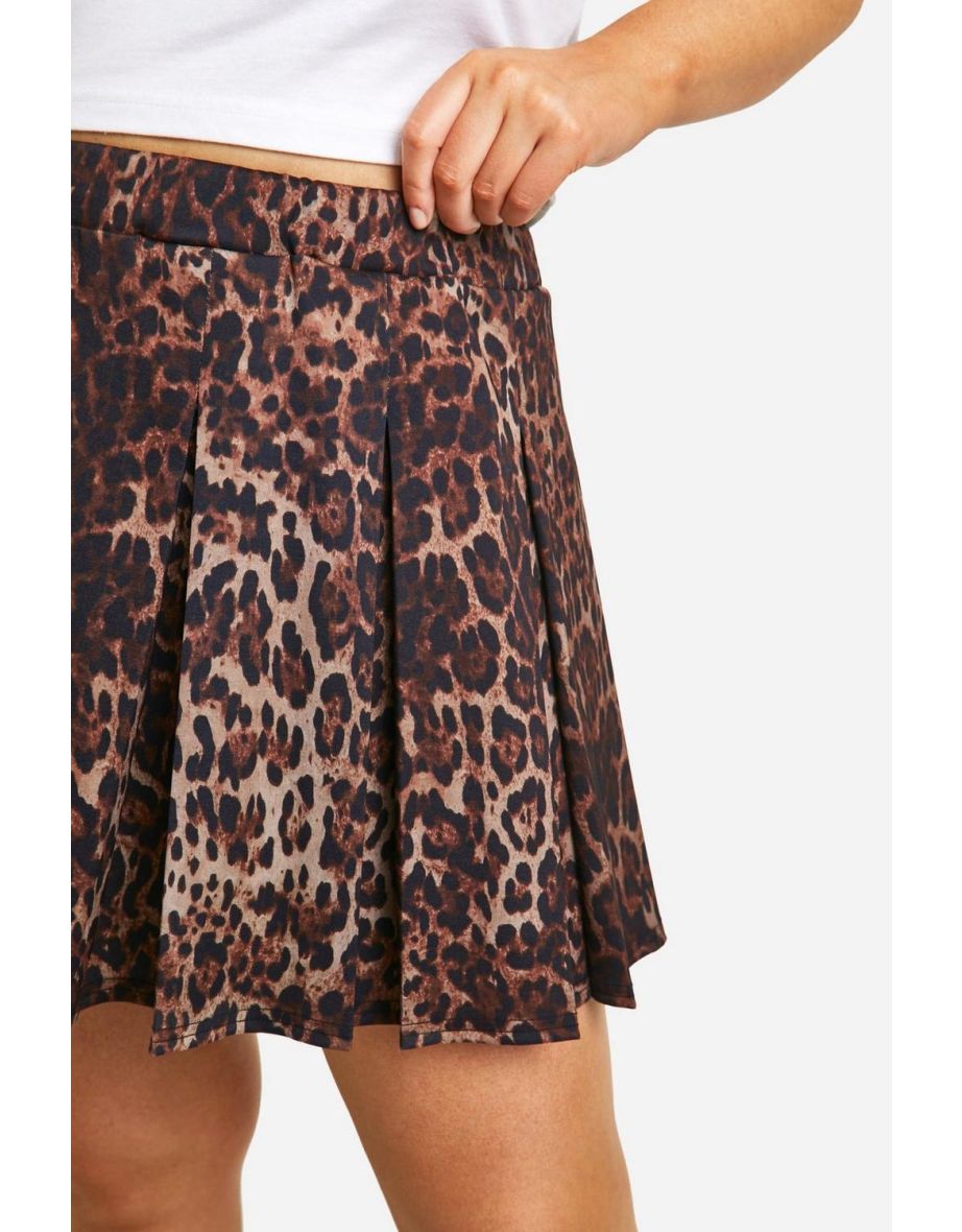 Plus Leopard Print Pleated Woven Stretch Tennis Skirt - 3