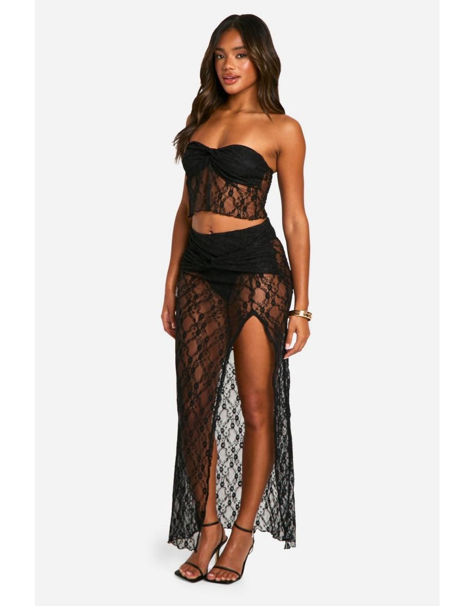 Lace Ruched Split Maxi Skirt - black