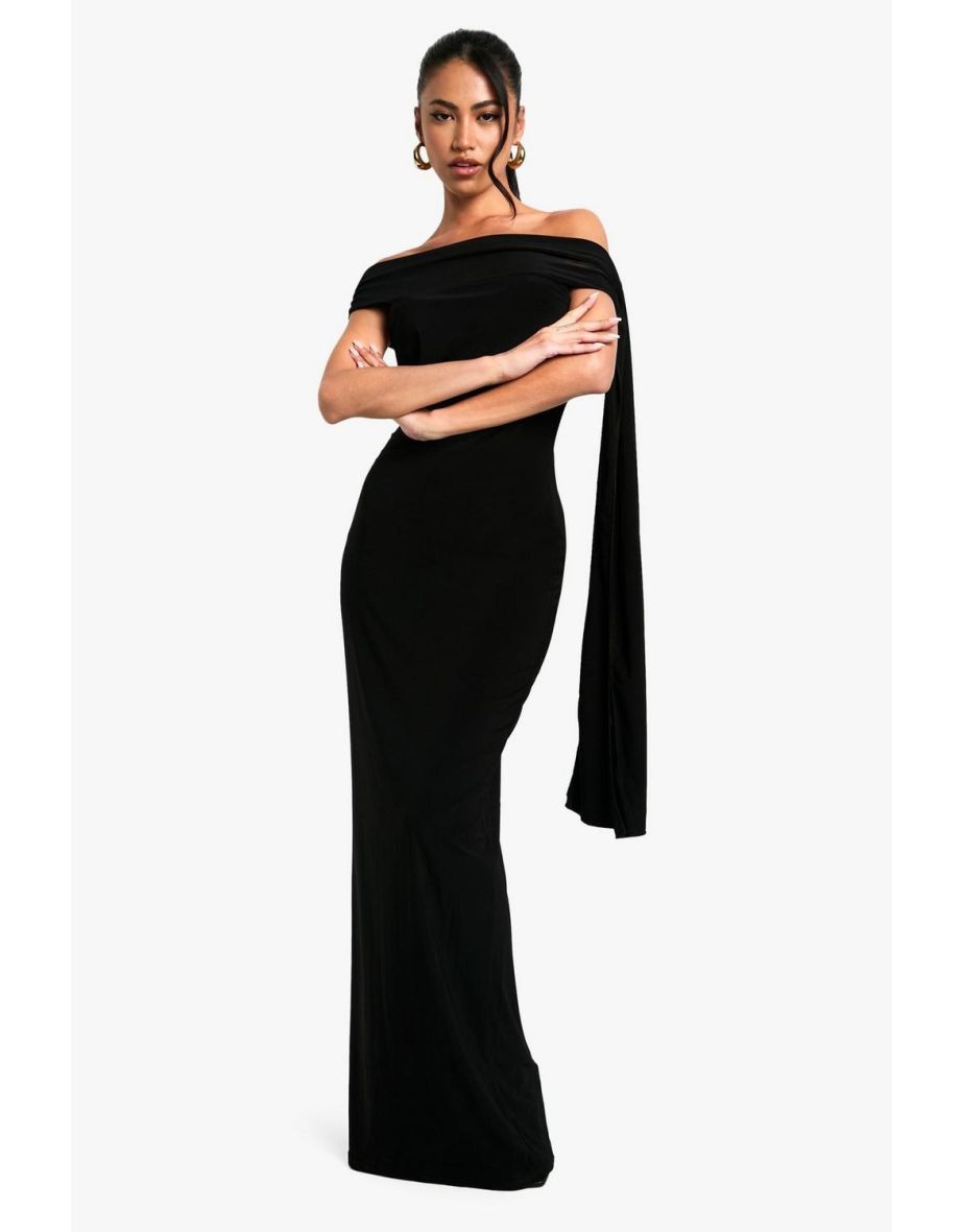 Twist Detail Off Shoulder Drape Floor Length Dress - black