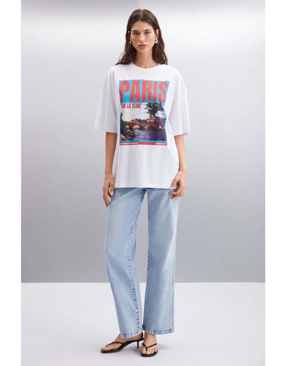 Gladys Women's City Themed Print Detail Oversize Fit Crew Neck Organic Cotton White T-shirt