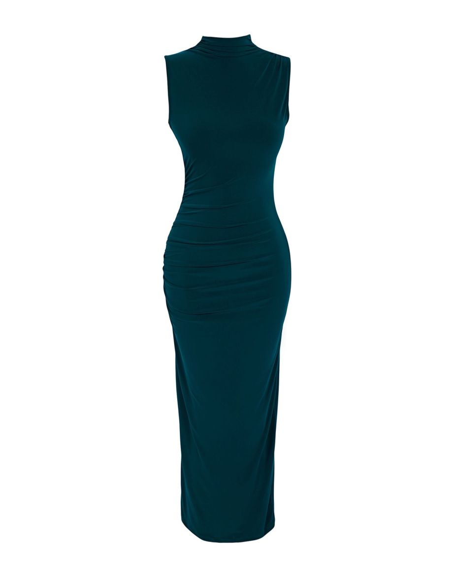 Emerald Green Straight Sleeve Draped Bodycone/Fitting Flexible Knitted Dress - 6