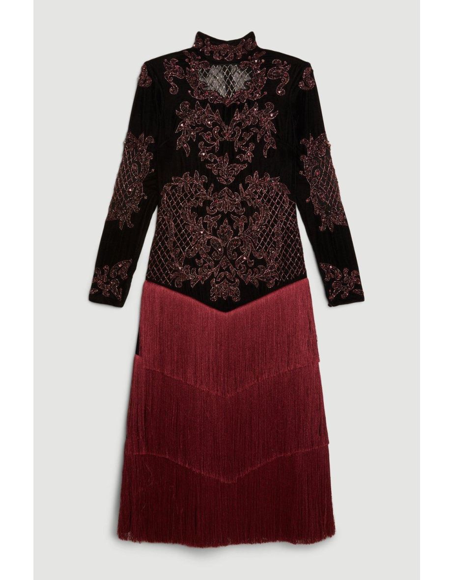 Velvet Baroque Fringe Woven Maxi Dress - 3