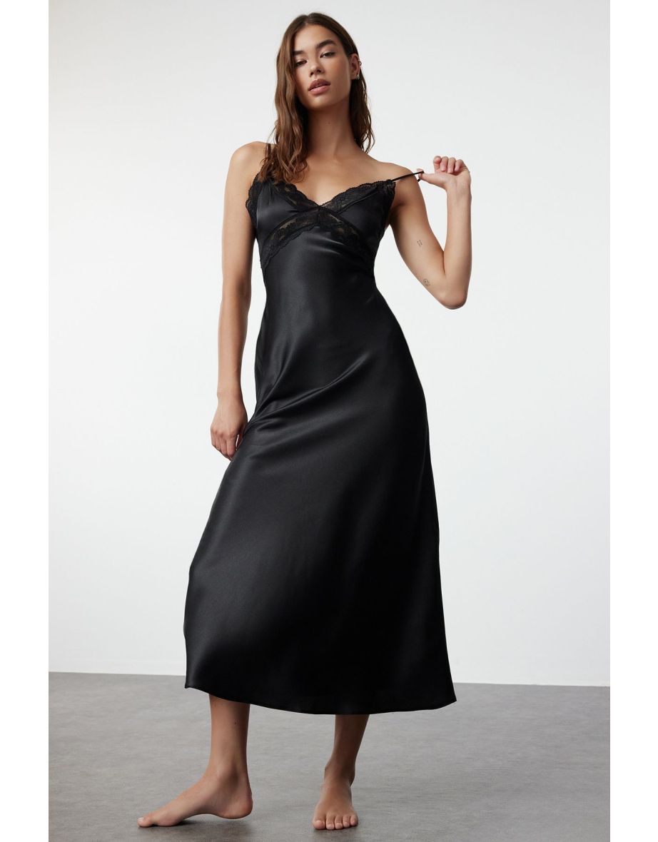 Black Lace Detailed Rope Strap Satin Woven Nightgown
