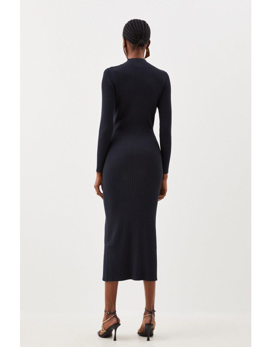 Navy Tall Column Midi Dress with Long Sleeve - 2