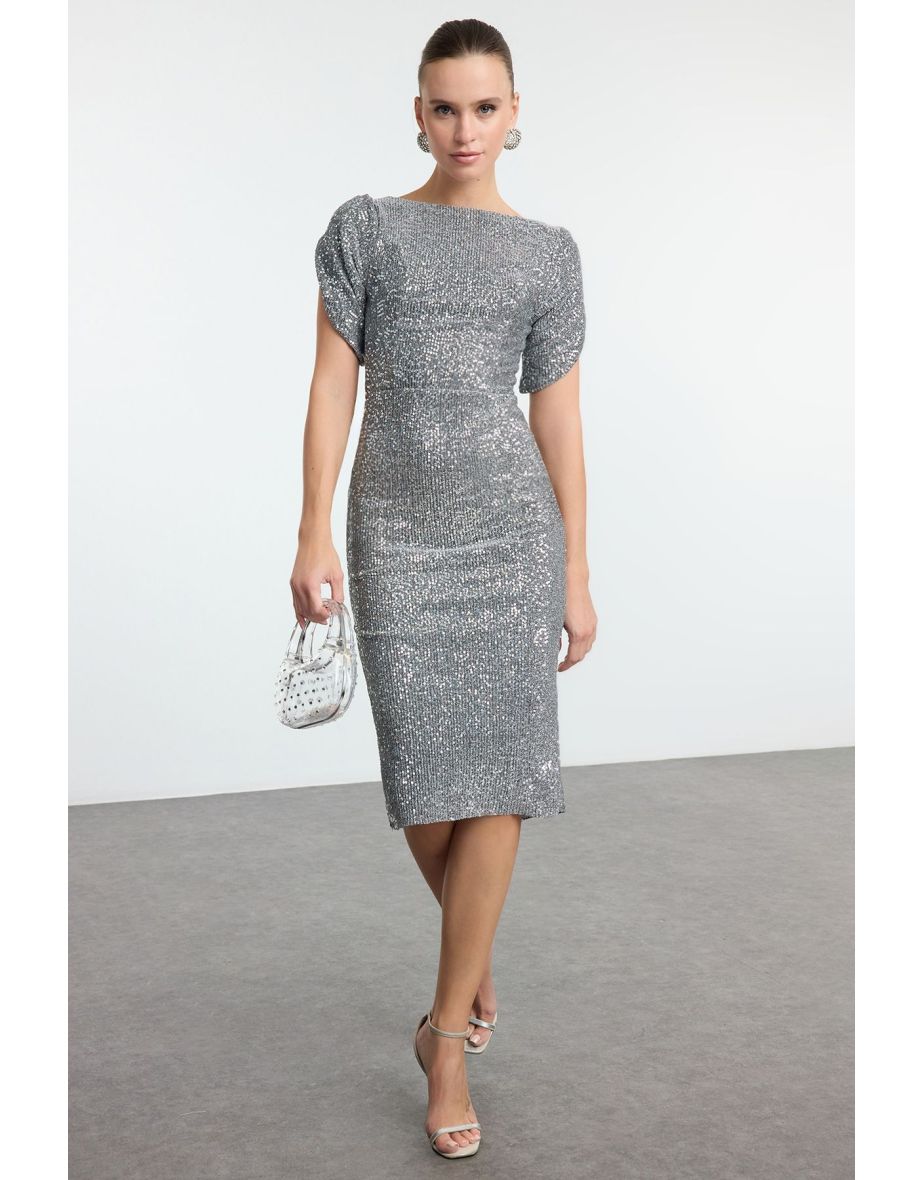 Silver Body-Styling Glitter Knitted Sequin Elegant Evening Dress