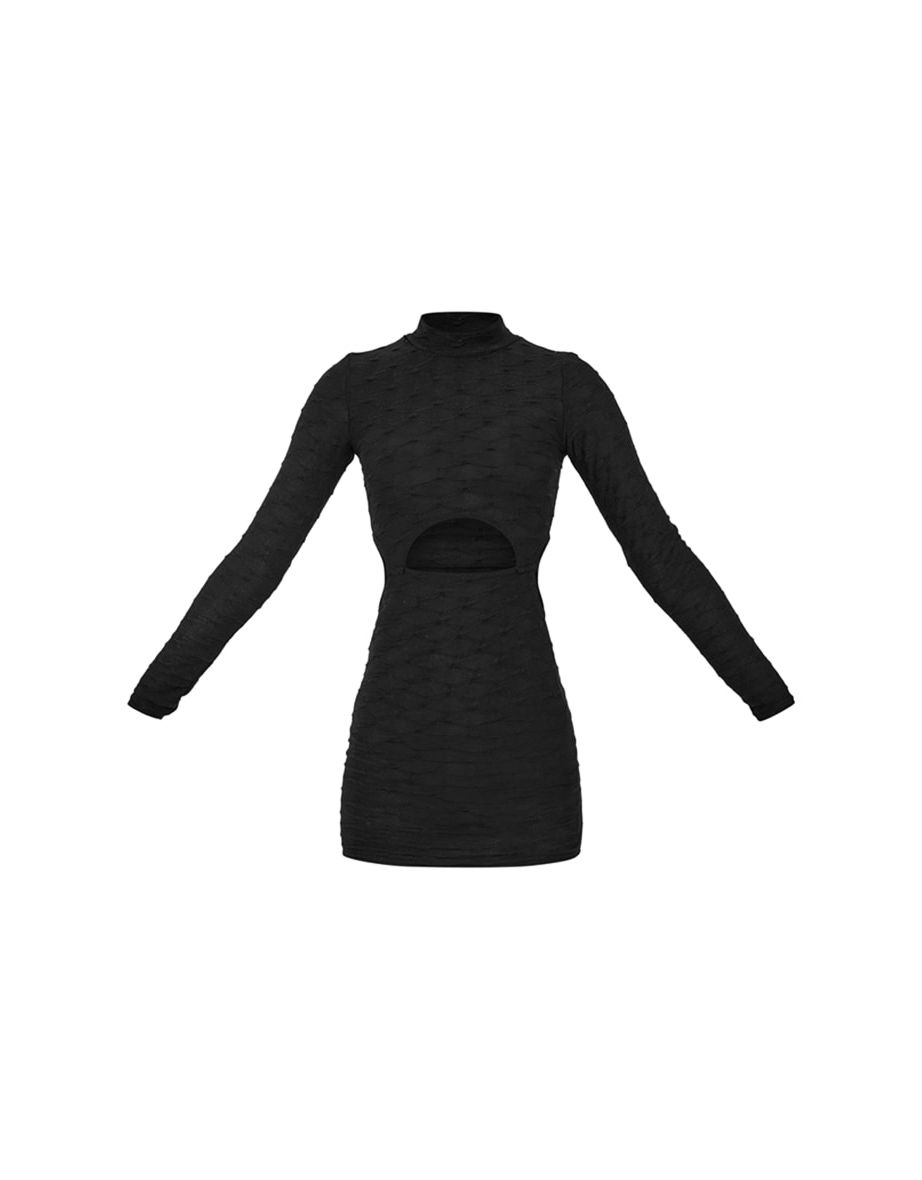 Black Textured Long Sleeve Cut Out Mini Dress - 4