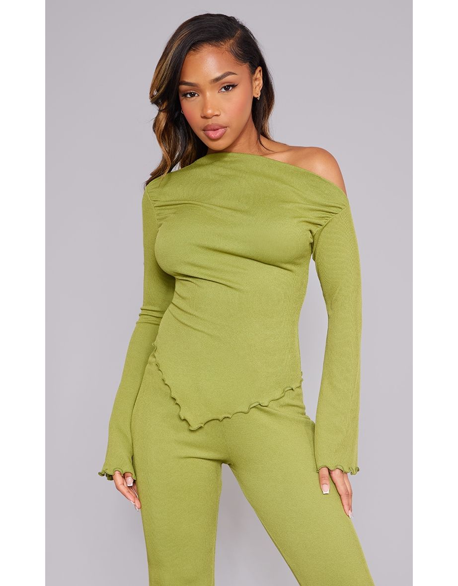 Olive Soft Rib One Shoulder Long Sleeve Asymmetric Hem Long Top