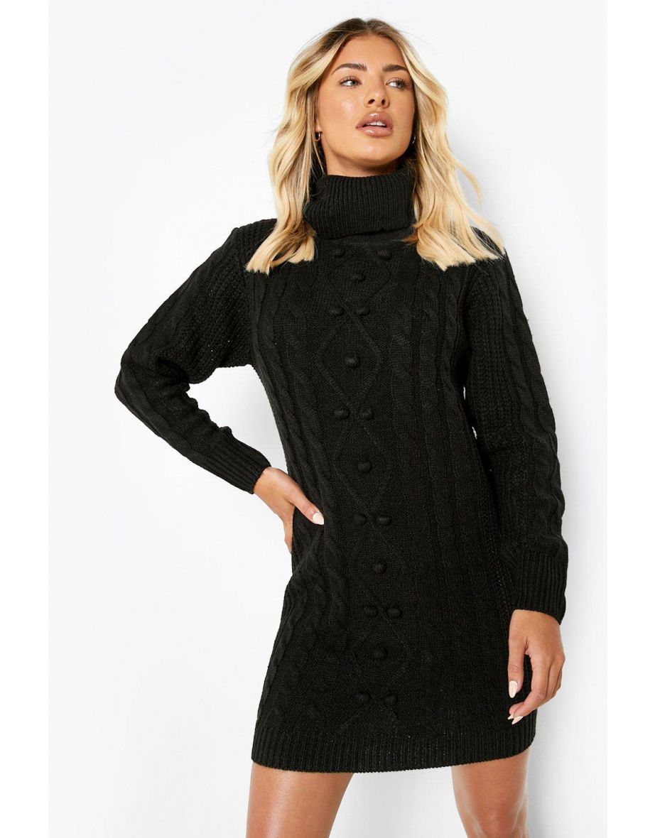 Cable Knit Roll Neck Jumper Dress - black - 3