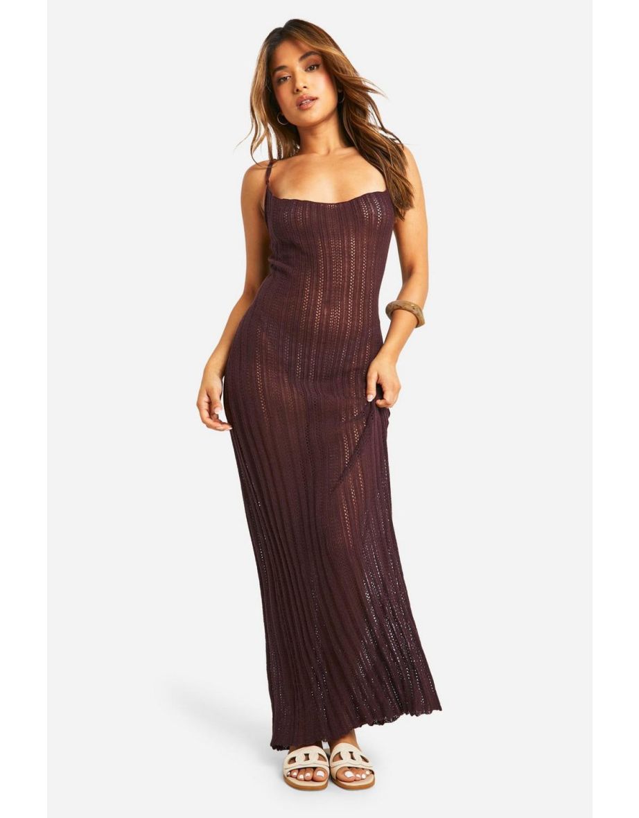 Petite Crochet Ladder Cowl Neck Knitted Maxi Dress - chocolate