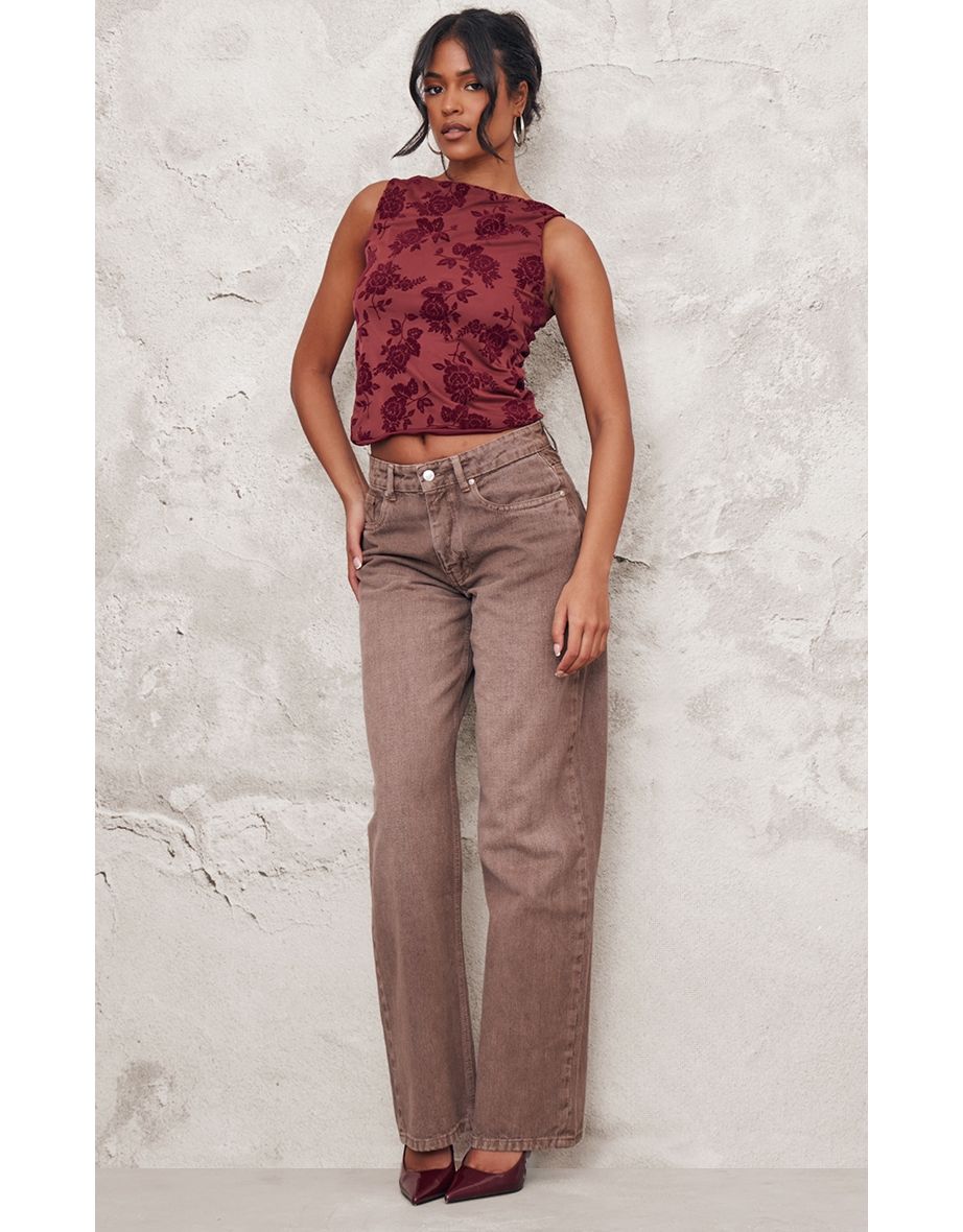Tall Burgundy Devore Straight Neck Sleeveless Top