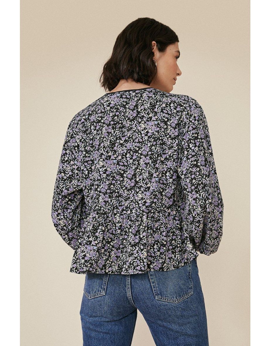 Black Ditsy Print Beaded Blouse - 2