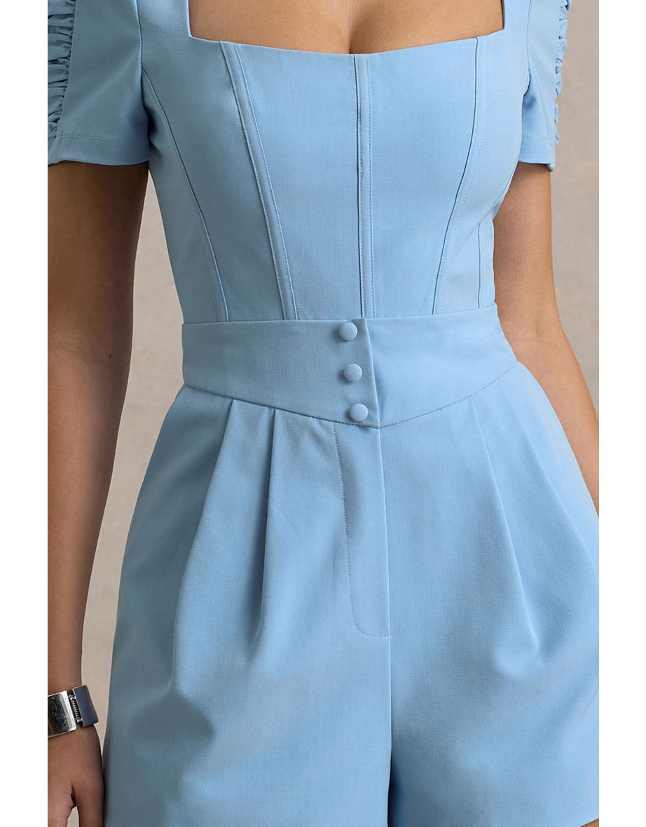 Brizzie | Light Blue Linen Short-Sleeve Playsuit - 5
