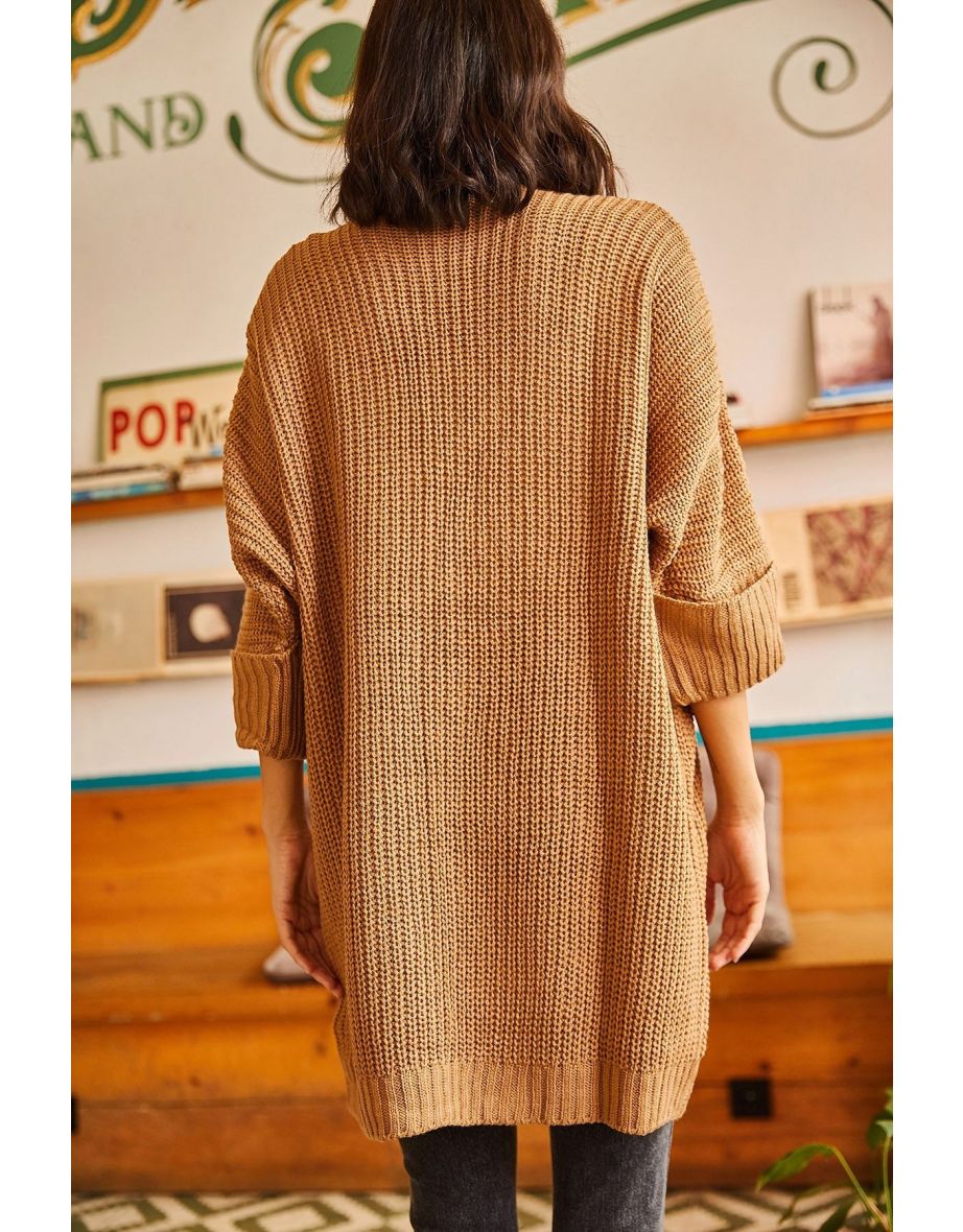 Women's Camel Folded Sleeve Loose Knitwear Cardigan With Pocket - 6
