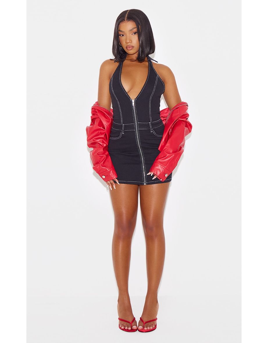 Black Contrast Stitch Halterneck Denim Mini Dress