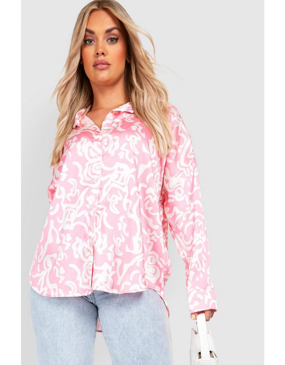 Plus Abstract Printed Oversized Shirt - pink