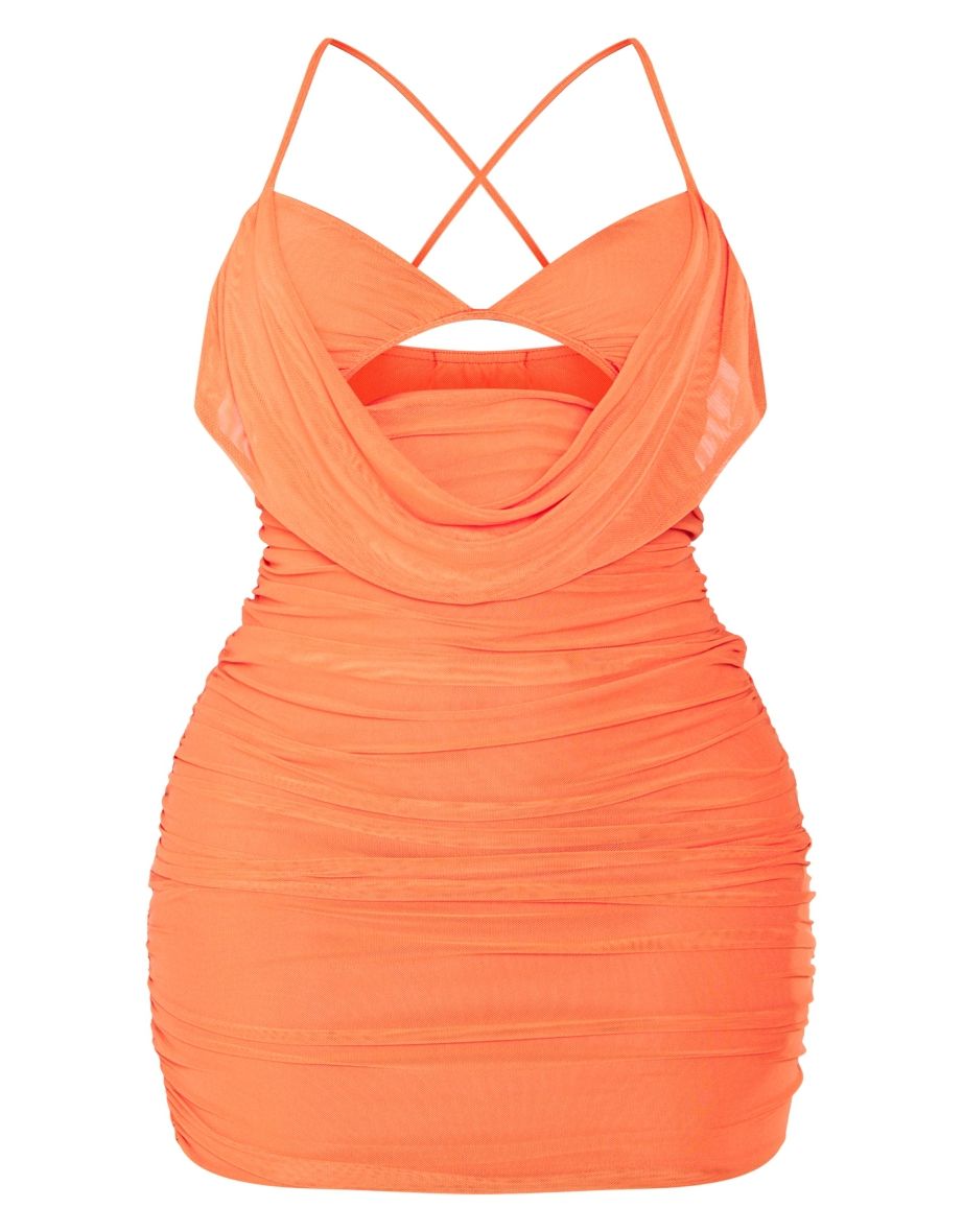 Shape Bright Orange Mesh Cowl Bralet Detail Ruched Bodycon Dress - 4