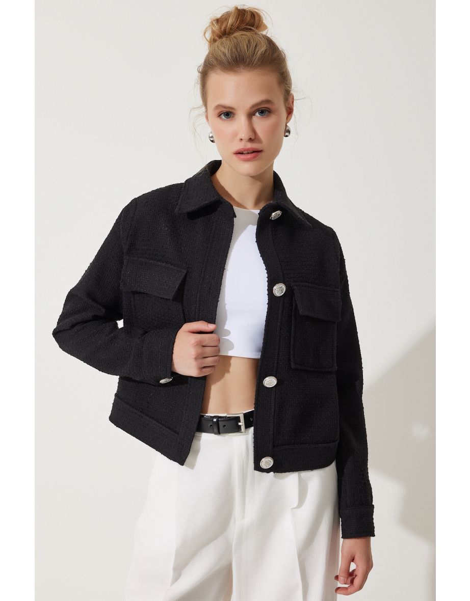 Women's Black Stylish Buttoned Woven Tweed Jacket with Pockets