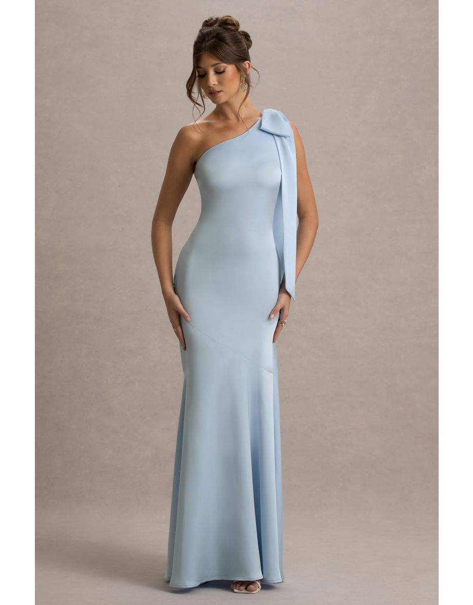 Here For Love | Powder Blue Satin Asymmetric Maxi Dress With Bow
