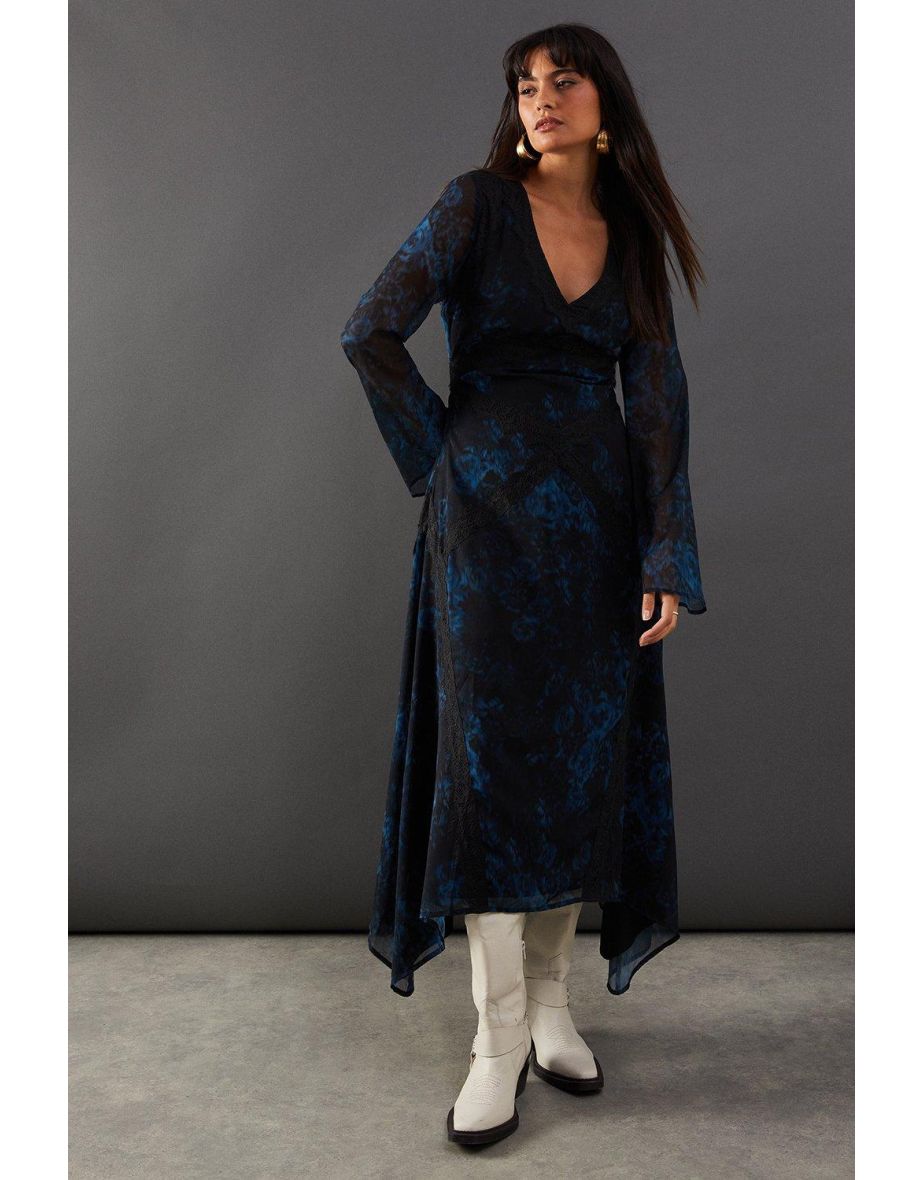 Print Chiffon Lace Insert Midi Dress