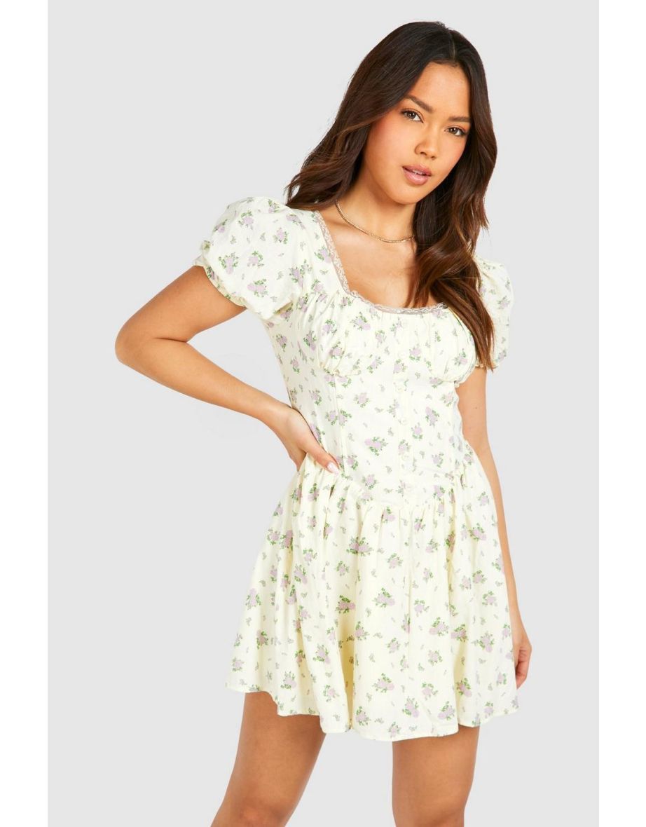 Ditsy Floral Puff Sleeve Milkmaid Mini Dress - yellow