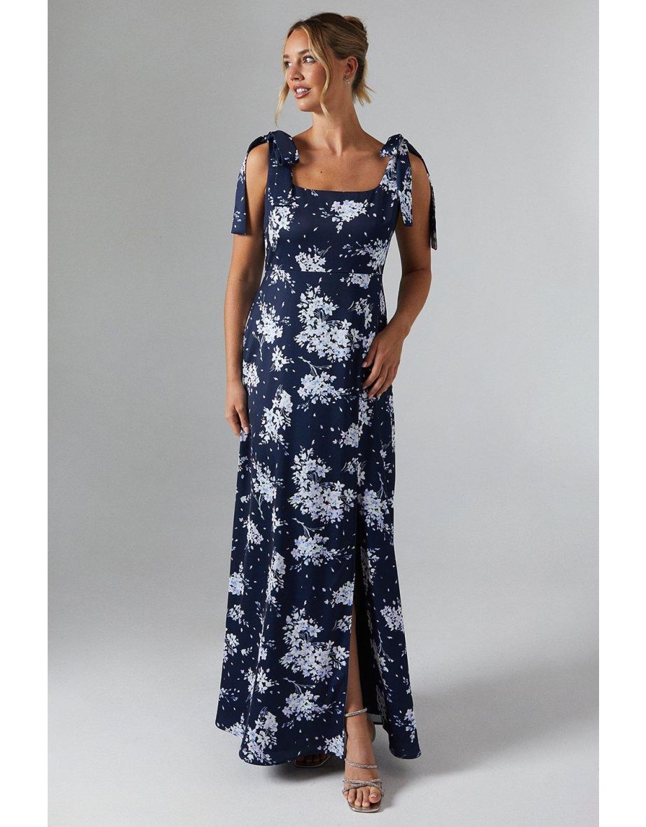 Midnight Bloom Printed Satin Tie Shoulder Maxi Bridesmaids Dress