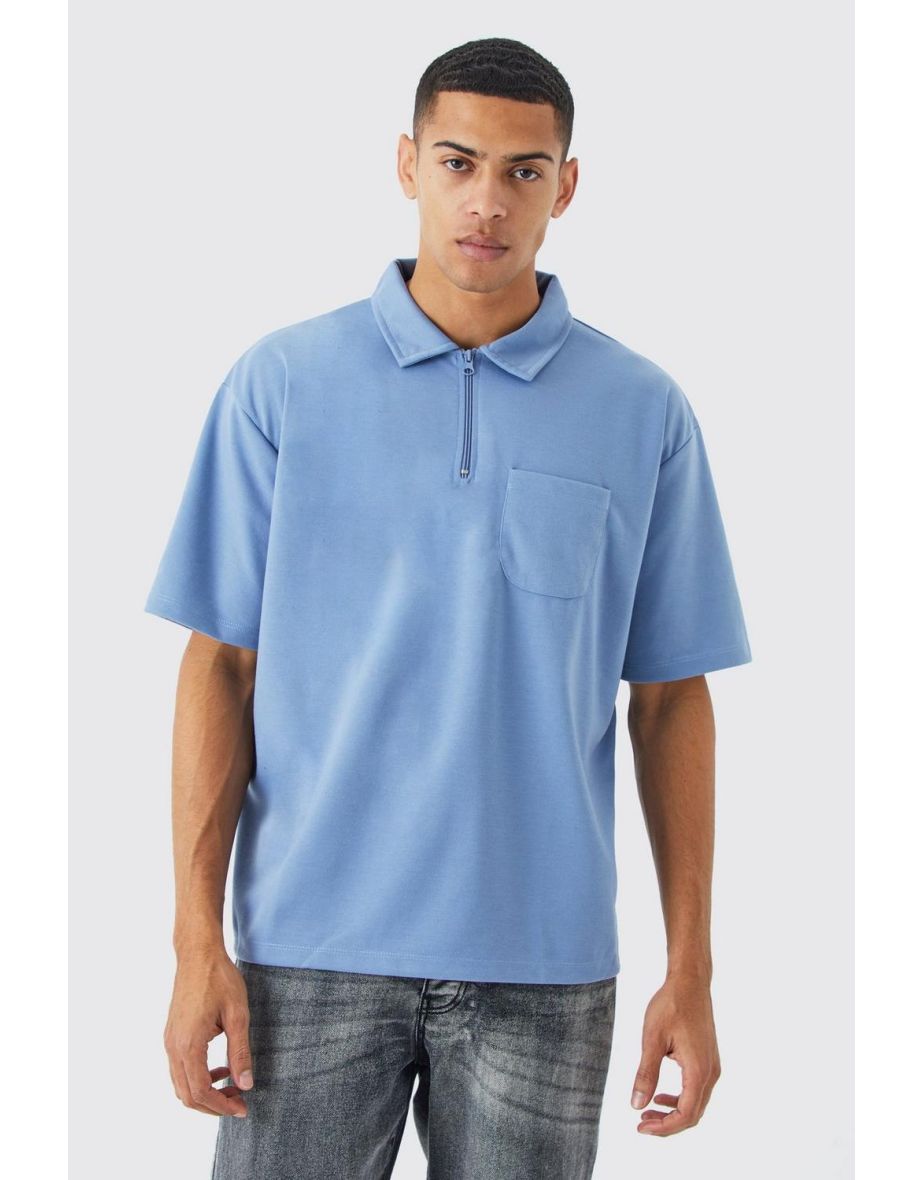 Oversized Pocket Interlock Polo - dusty blue