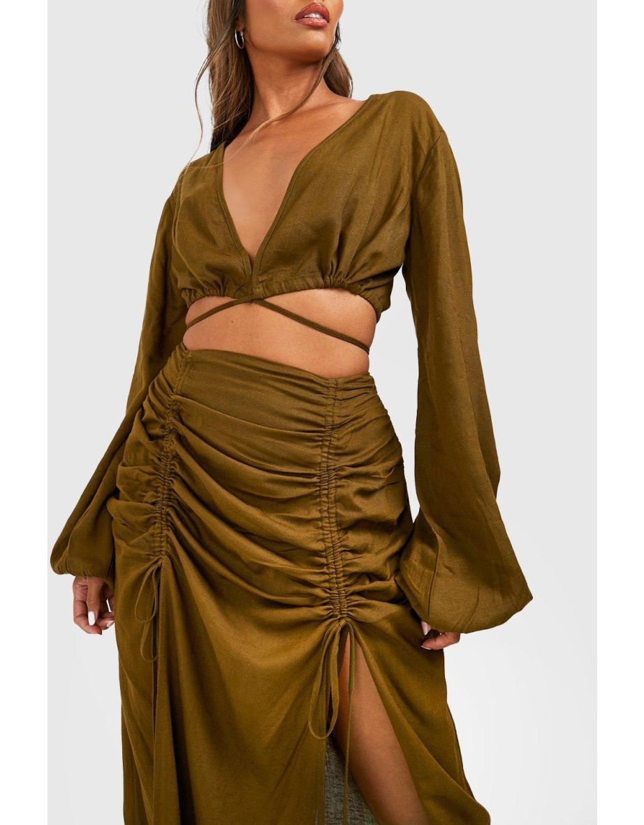 Linen Tie Waist Crop & Ruched Detail Maxi Skirt - khaki - 3