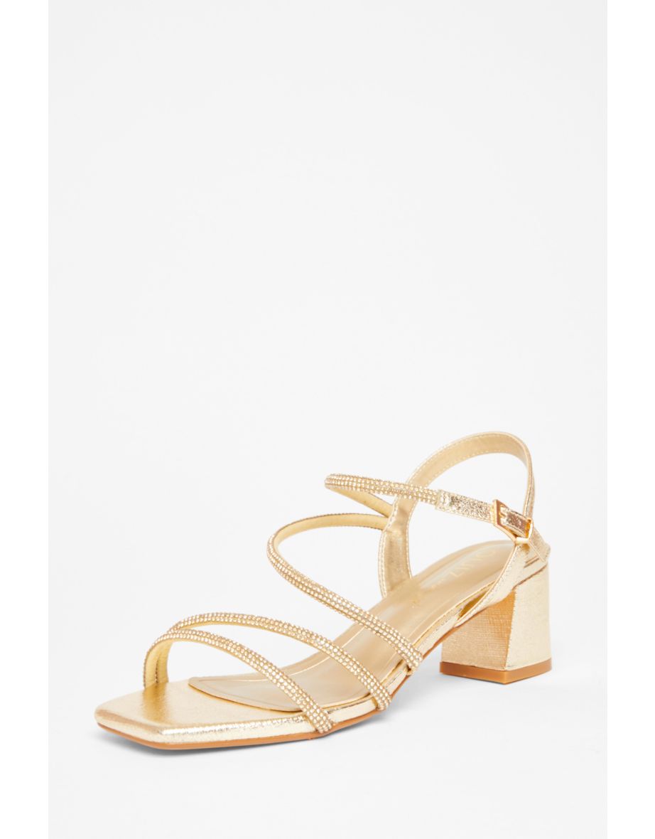 Wide Fit Gold Diamante Block Heels