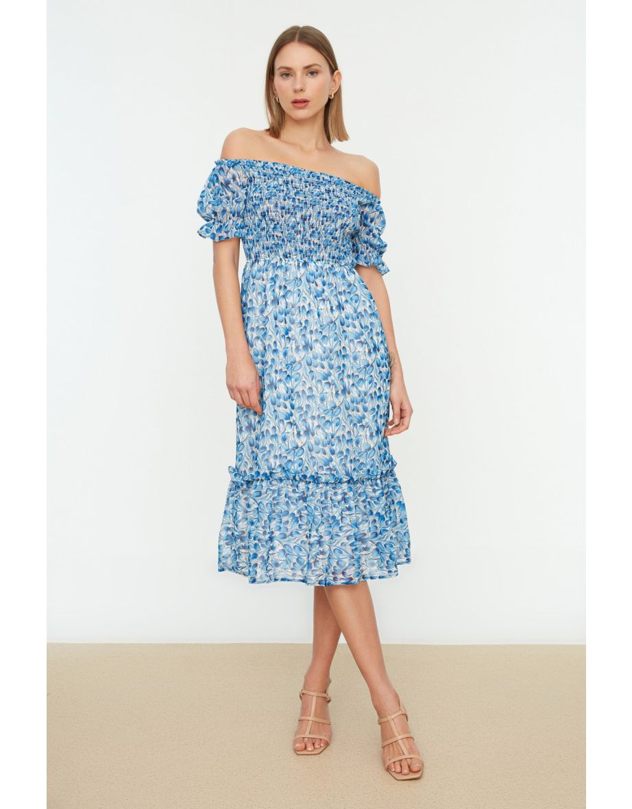 Floral Off-Shoulder A-Line Midaxi Smock Dress