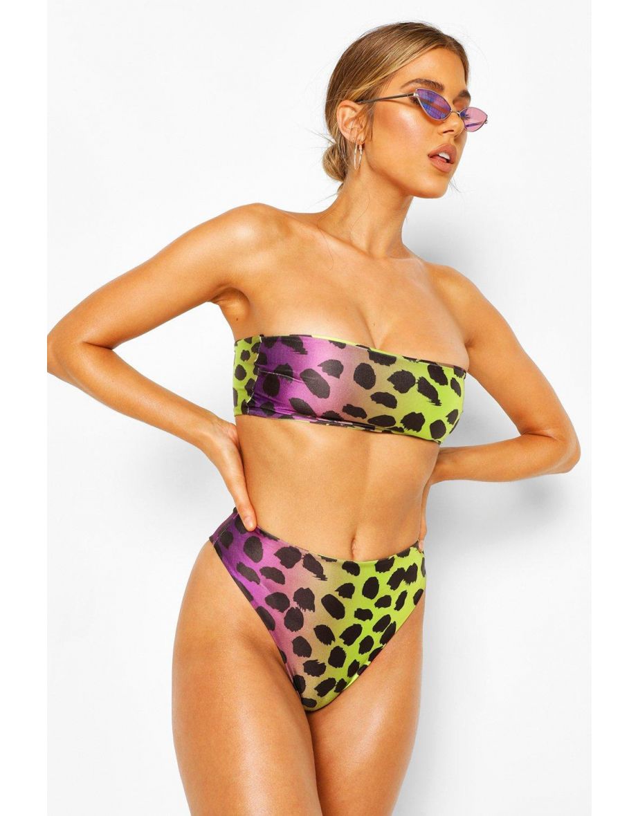 Leopard High Waist Bandeau Bikini Set - purple