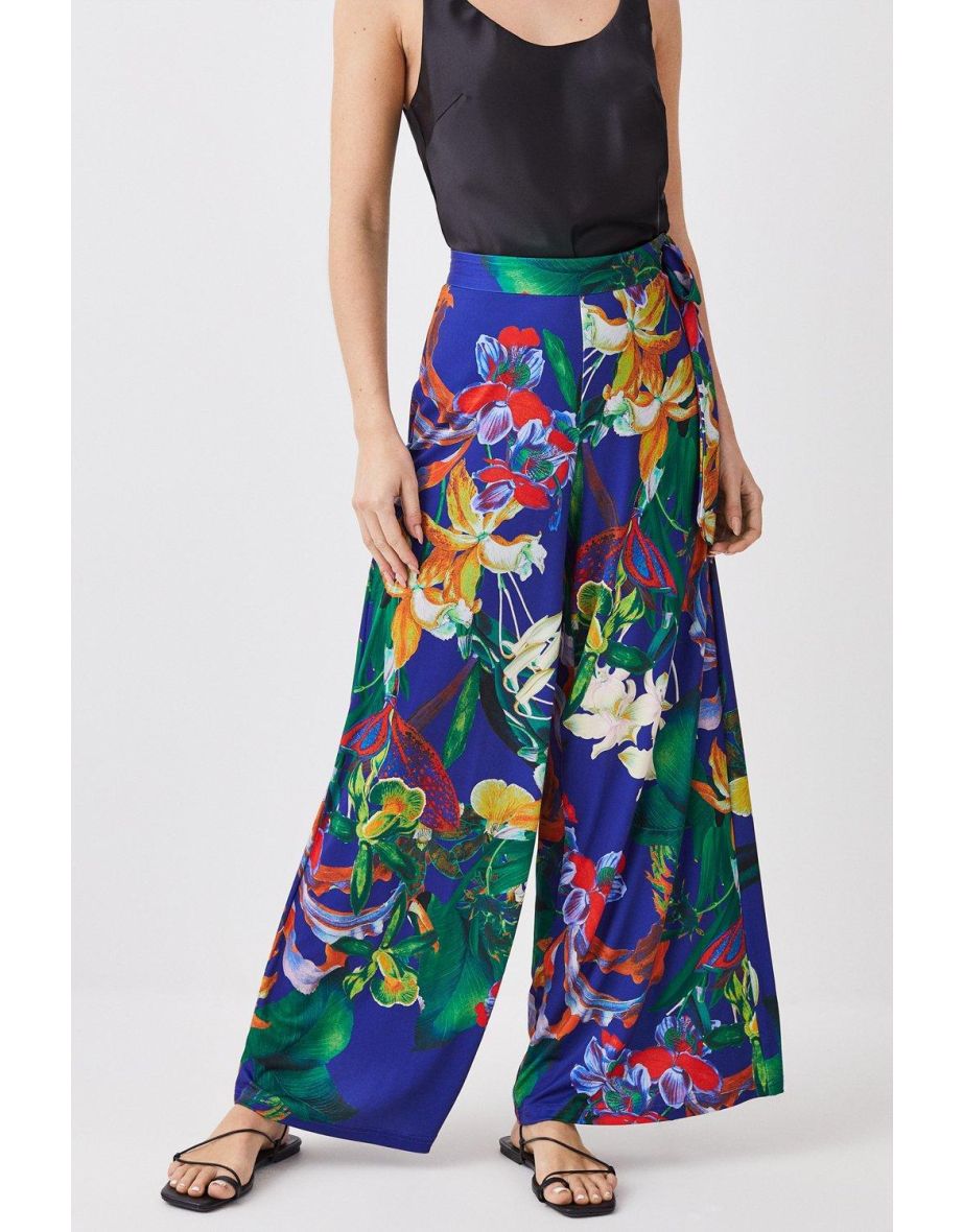 Petite Printed Wide Leg Waist Tie Jersey Trousers - 2